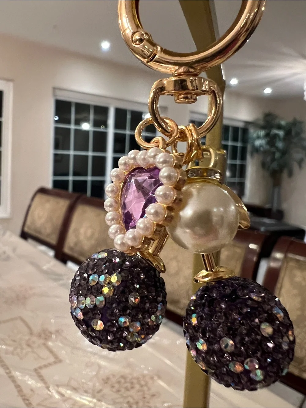 Deep Purple Crystal Cherry Bag Charm Keychain | Rhinestone Purse Charm - Picture 2 of 3